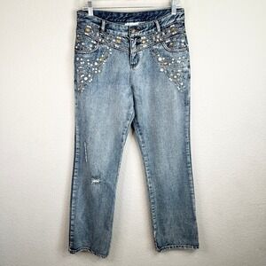 Jeanology Vintage Straight Leg Jeweled Bling Jeans Womens 29 Mid Rise Light Wash